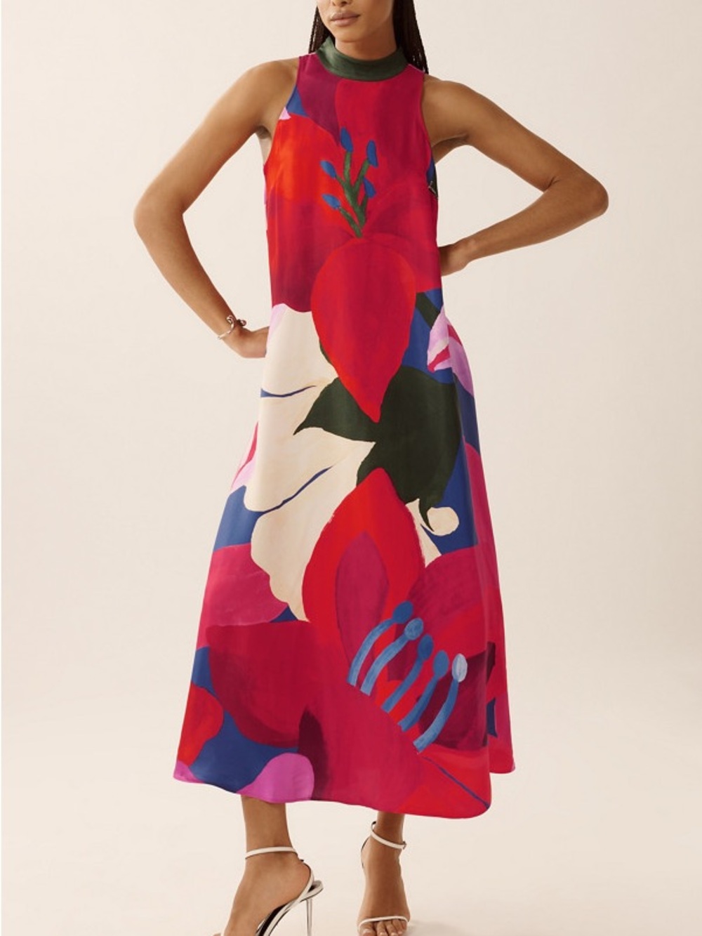 Farm Rio Anthropologie Red Motif Halter Maxi Dress S